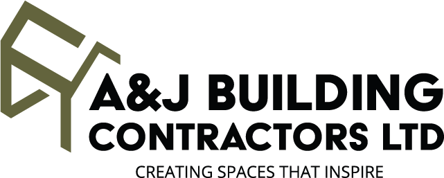 Logo for A&J Building Contractors Ltd, with an olive green abstract house icon and black text reading "A&J BUILDING CONTRACTORS LTD" and the tagline underneath "CREATING SPACES THAT INSPIRE"